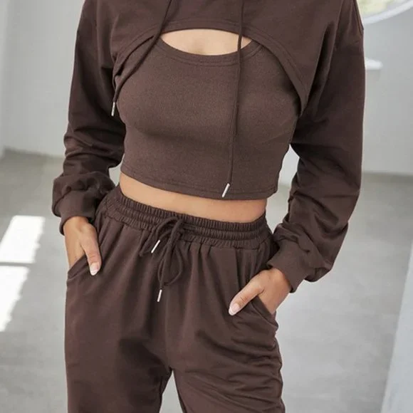 BROWN Super Cute Sexy Hoodie Loose Vest and Pants Set - Picture 2 of 3